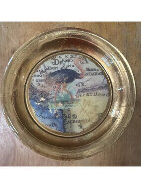 Wilder Decoupage Glass Large Coaster 8in Handmade Vintage Gold Leafed Rim